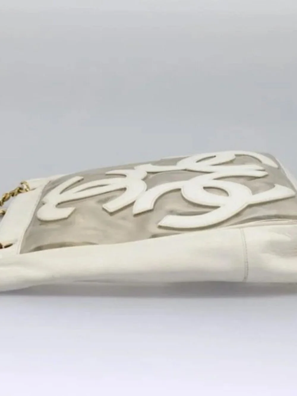 CHANEL Triple Coco Chain Tote Bag Vinyl Leather White Gold CC Auth bs23423